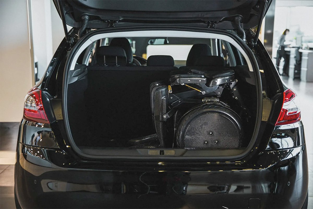 Self-balancing Kim-e Electric Wheelchair Folded for Transport
