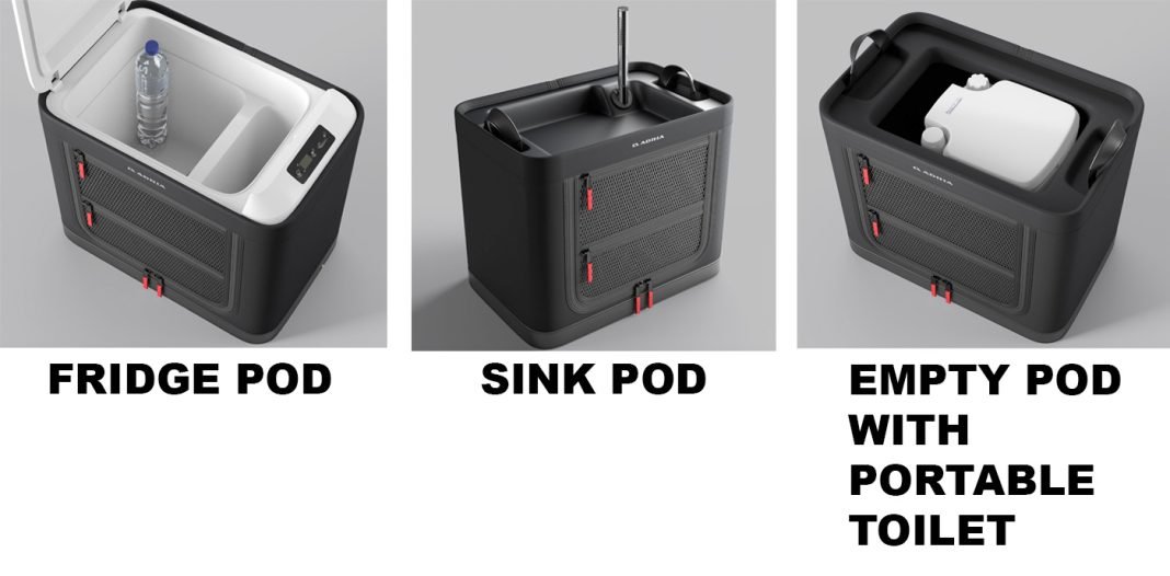 Modular mini-camper transforms from 8-seat MPV to RV with stackable pods