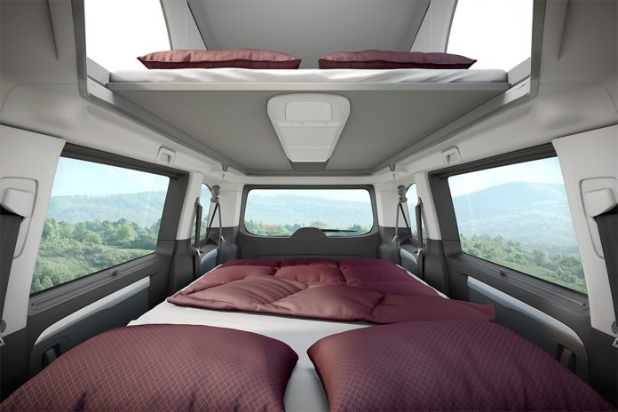 Modular mini-camper transforms from 8-seat MPV to RV with stackable pods