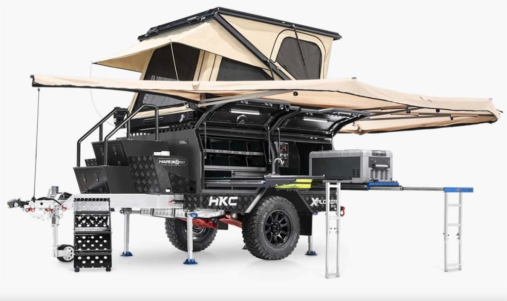Off-road micro-trailer transforms into two-story base camp