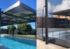 Automated pool cover lifts 6.5 feet into the air and becomes a shade structure Maleco Automated Pool Cover and Shade