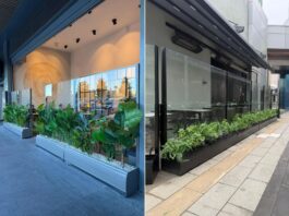 Outdoor windbreaker bench combines seating, planter and rising glass barrier Outdoor Windbreaker Bench