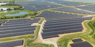 Aerial view of Cleve Hill Solar Park and its rows of photovoltaic panels in Kent, England.
