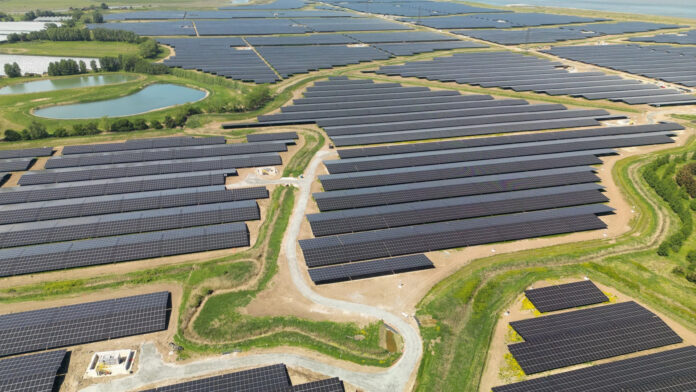 Aerial view of Cleve Hill Solar Park and its rows of photovoltaic panels in Kent, England.