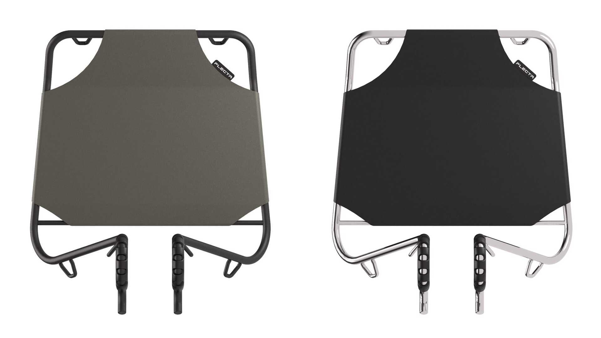 Black and polished stainless-steel versions of the FLECTR CargoMate front rack