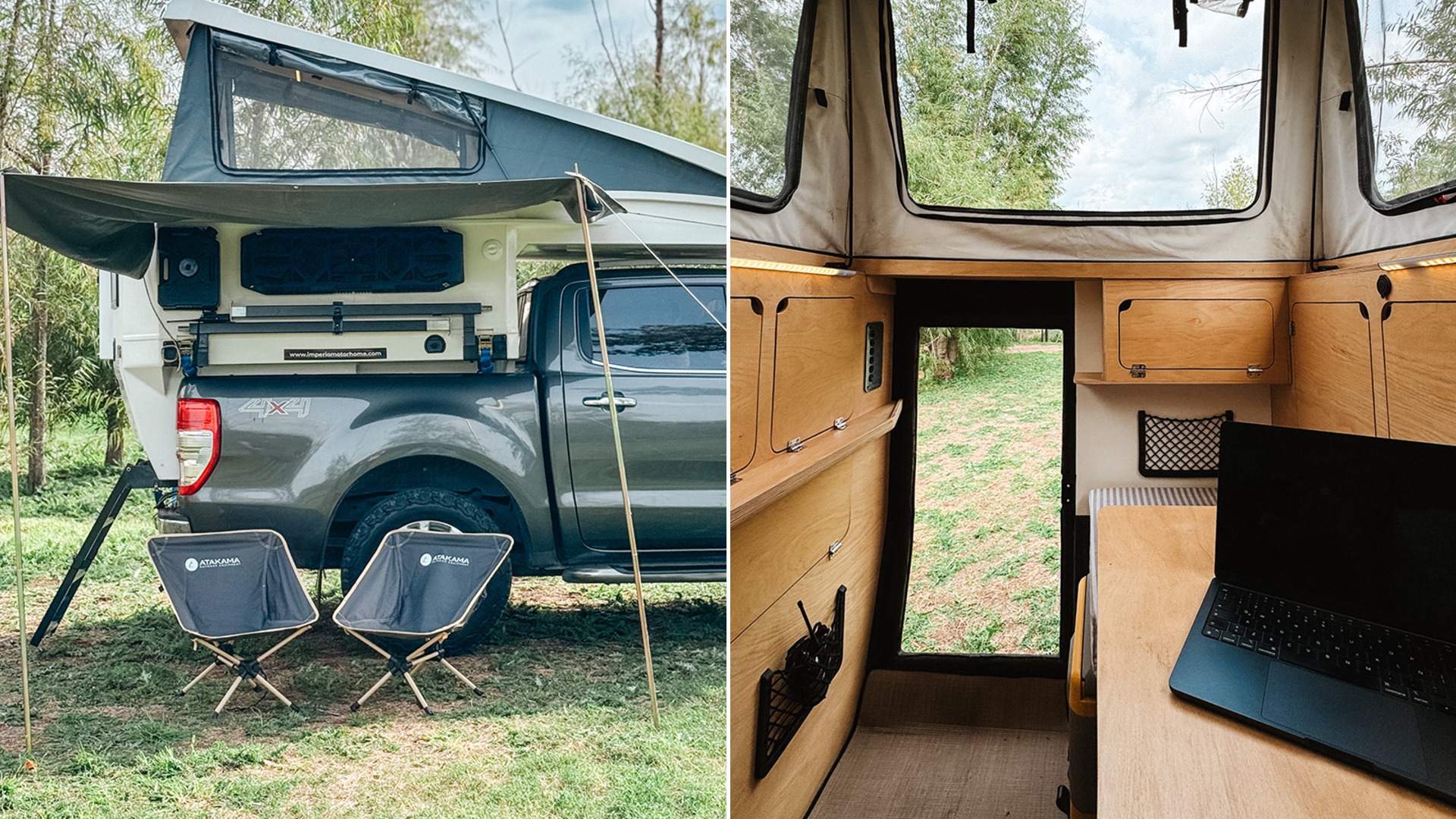 Imperio pickup camper with side awning open and interior table arranged as a laptop workspace