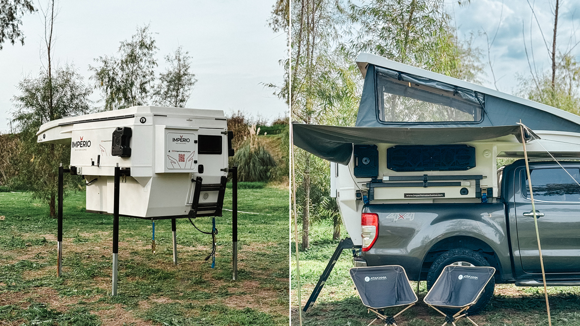 Imperio pickup camper standing on detachable legs beside the same camper with its side awning open