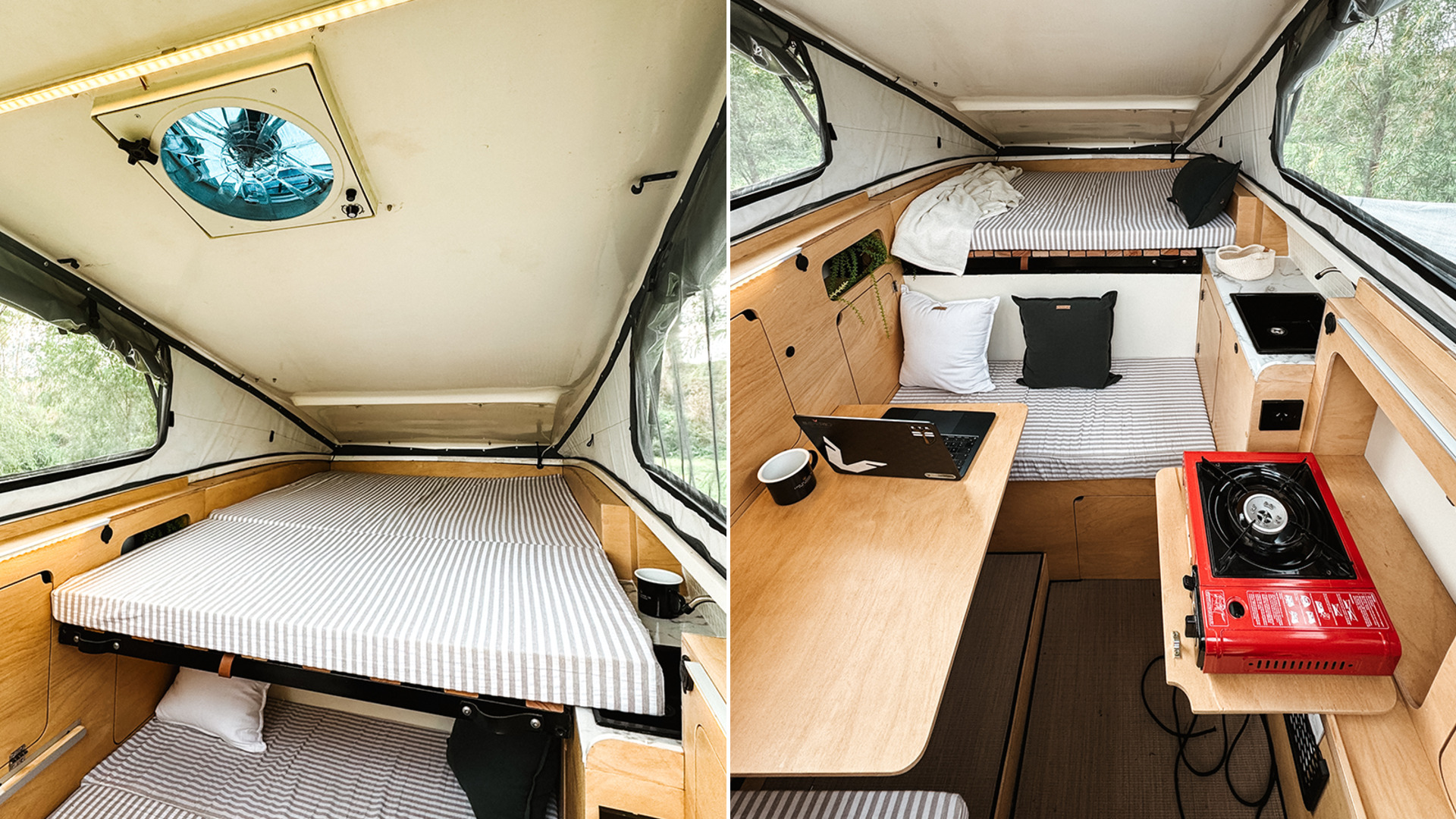 Double and single sleeping areas inside the Imperio detachable pickup camper