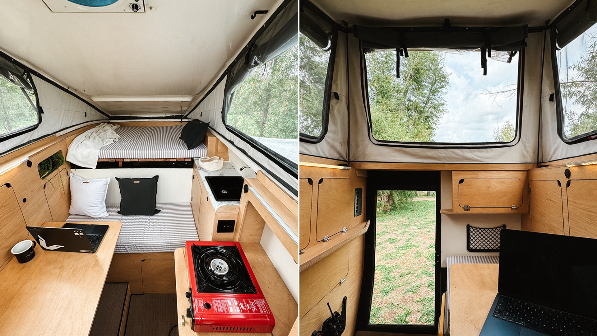 Imperio camper interior with compact kitchen, butane stove, seating and work surface