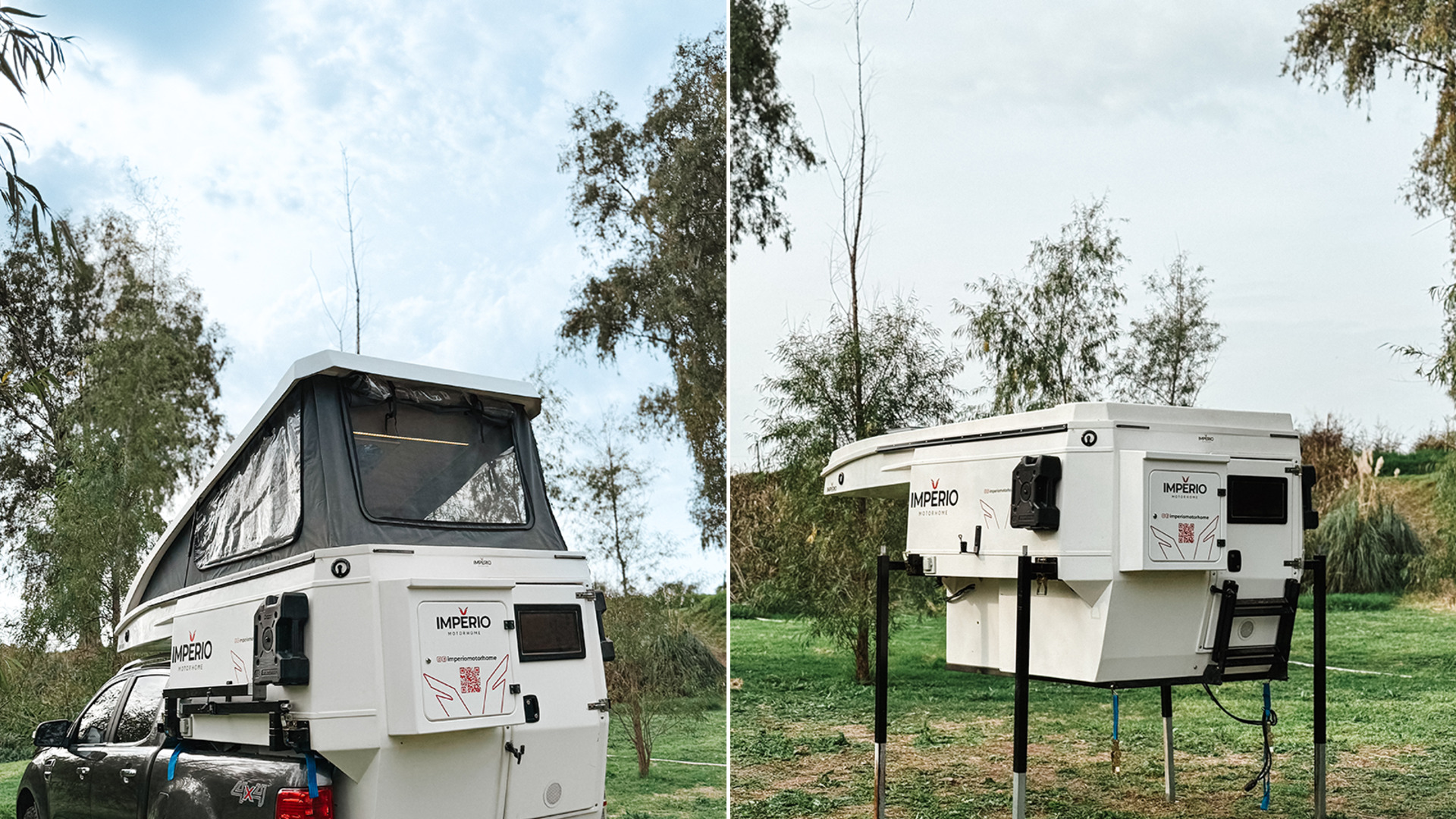 Imperio removable camper shown mounted on a pickup and standing independently on support legs