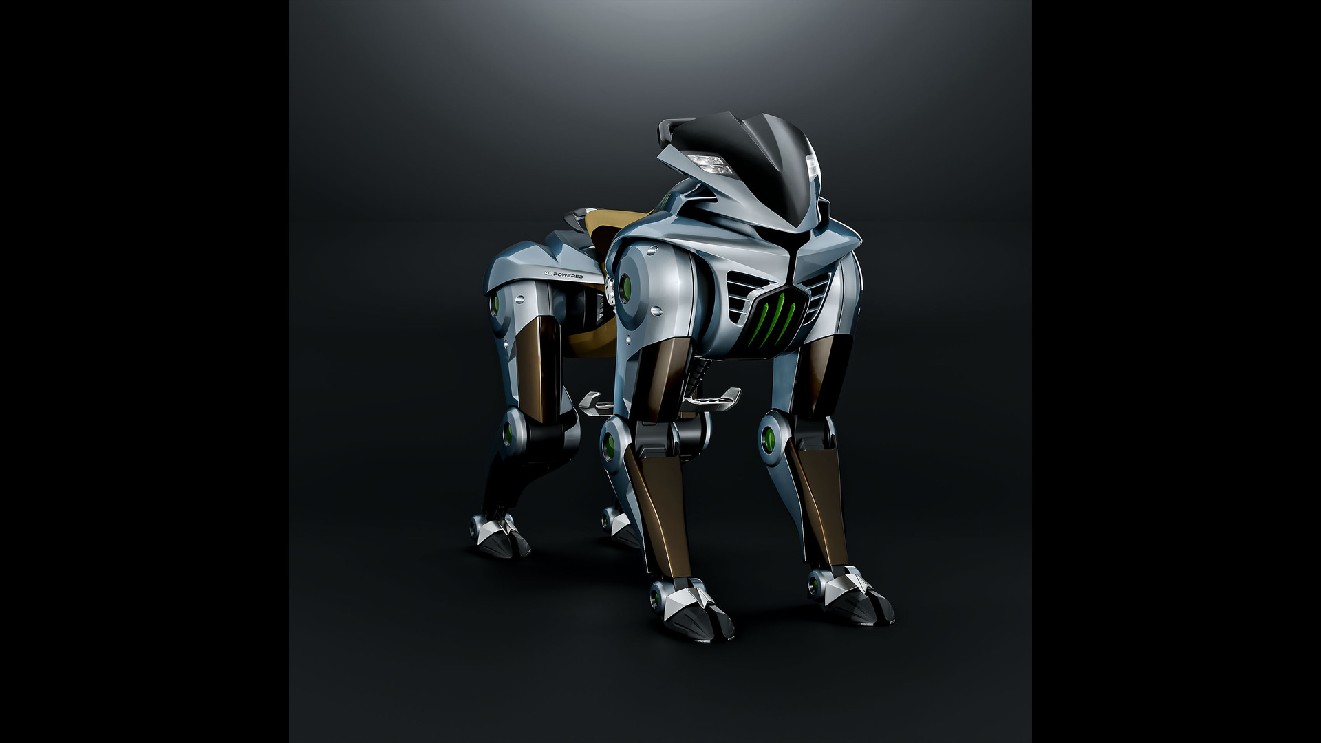 Official front three-quarter rendering of Kawasaki CORLEO with four robotic legs