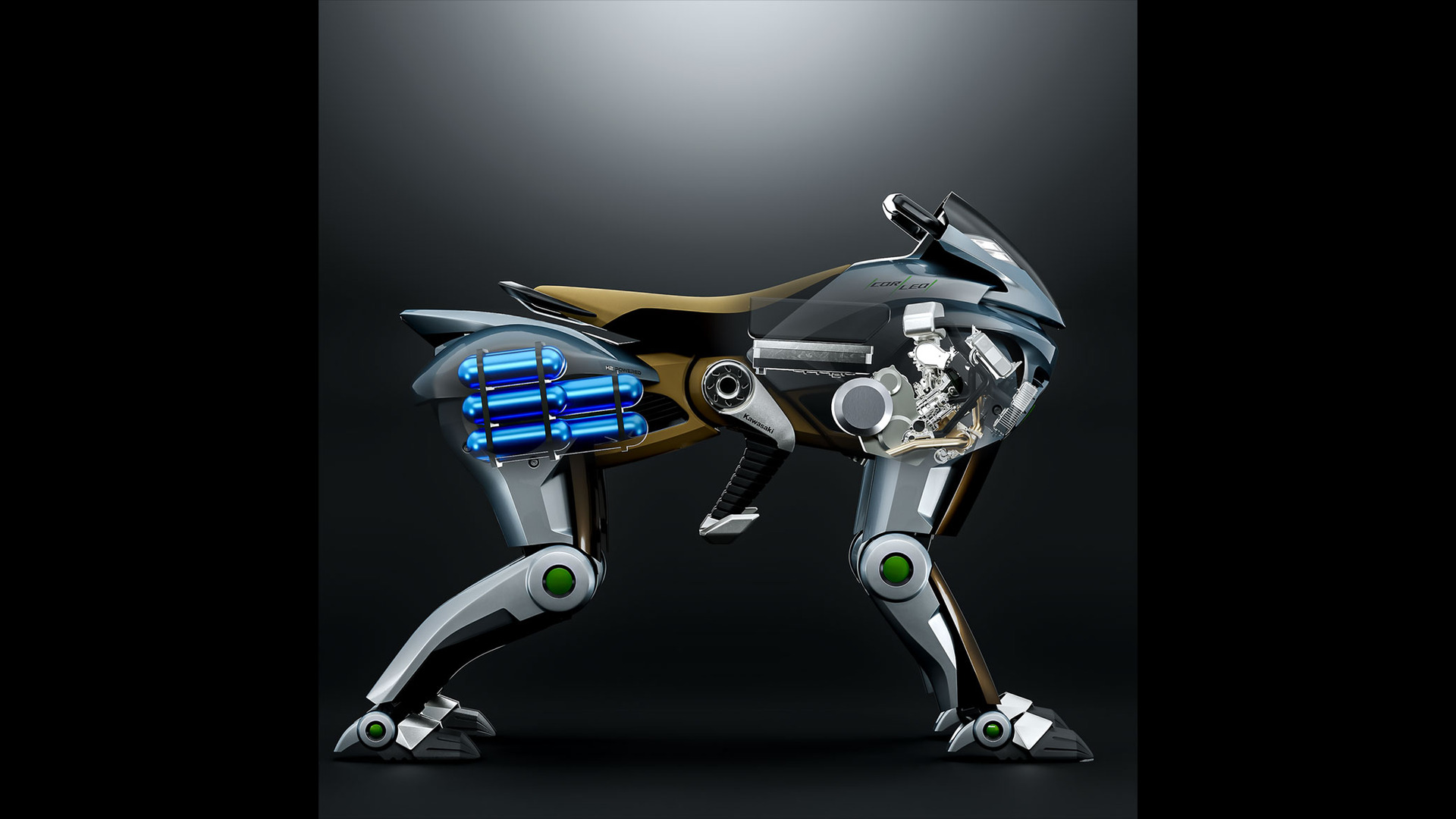 Side rendering showing Kawasaki CORLEO hydrogen canisters and front-mounted generator