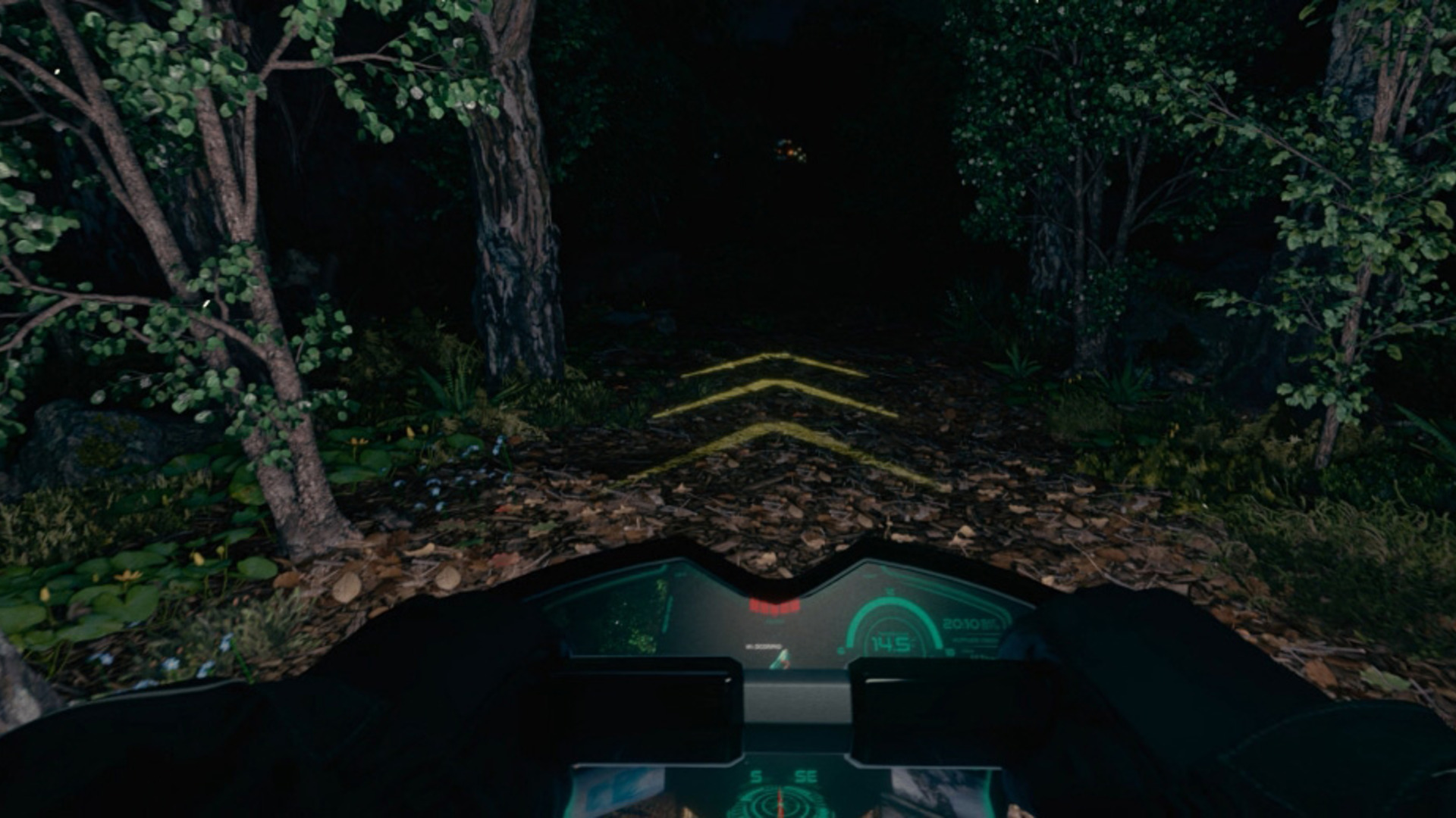 Kawasaki CORLEO concept view showing projected navigation markers on a forest trail