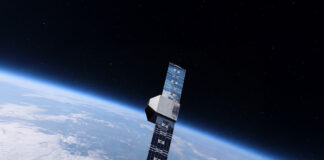 Artist’s rendering of the Kreios Space air-breathing electric propulsion satellite above Earth