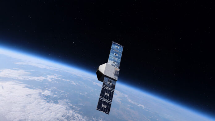 Artist’s rendering of the Kreios Space air-breathing electric propulsion satellite above Earth