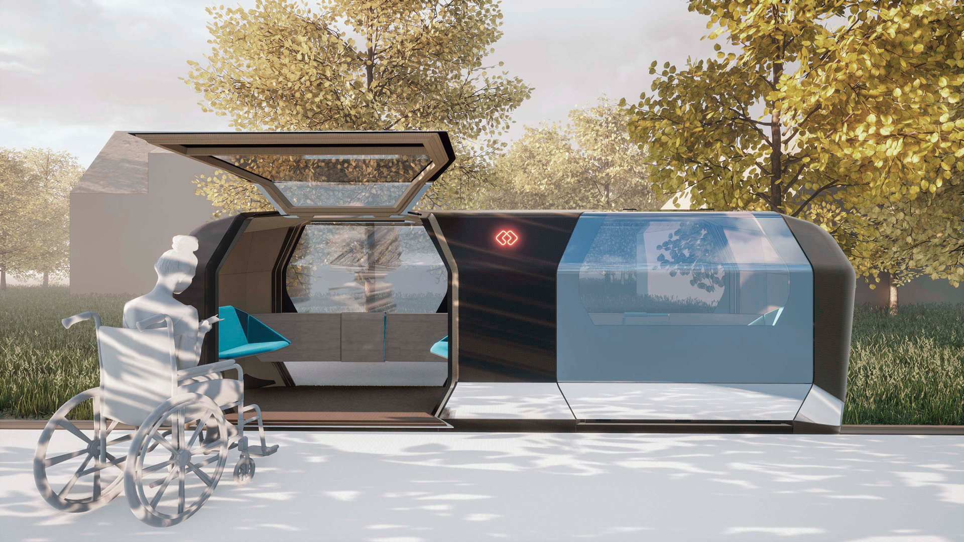 MONOCAB accessibility concept showing a wheelchair user beside the wide cabin entrance
