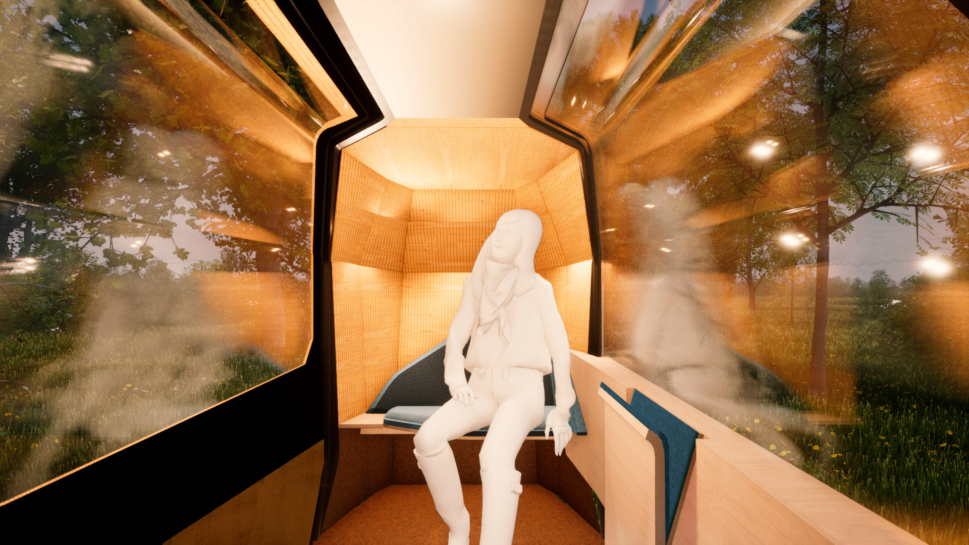 Rendering of the MONOCAB passenger cabin with panoramic windows and folding seats