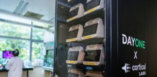 Rack of Cortical Labs CL1 biological computers at the National University of Singapore