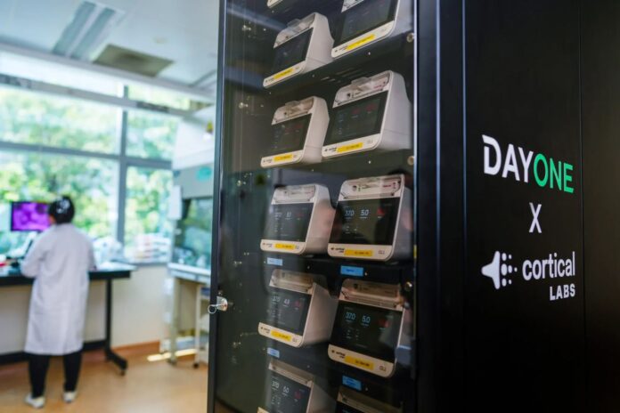 Rack of Cortical Labs CL1 biological computers at the National University of Singapore