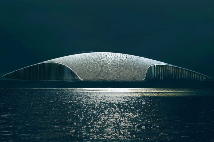Architectural rendering of The Whale museum’s curved, whale-tail-like roof beside the ocean in Andenes, Norway.