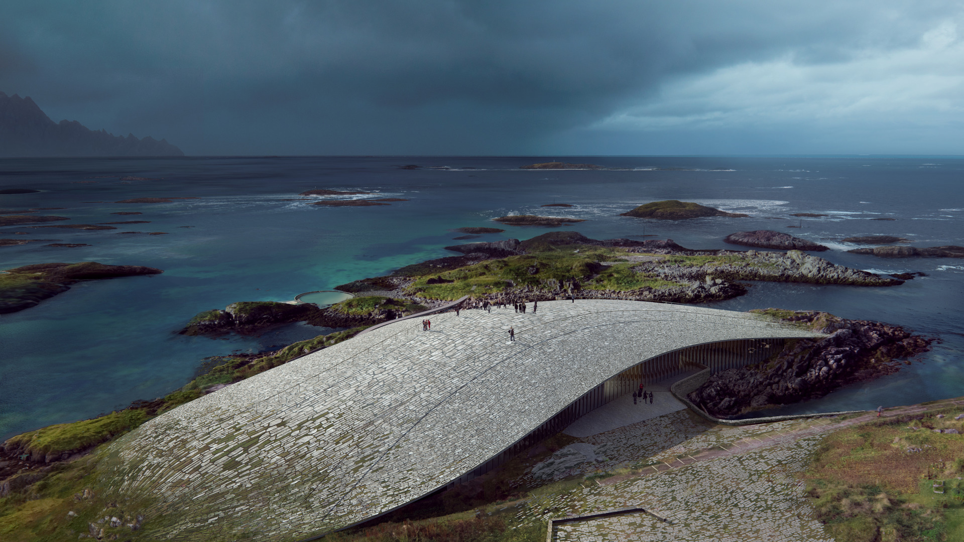 Rendering of The Whale museum with a curved walkable roof beside the ocean in Andenes, Norway