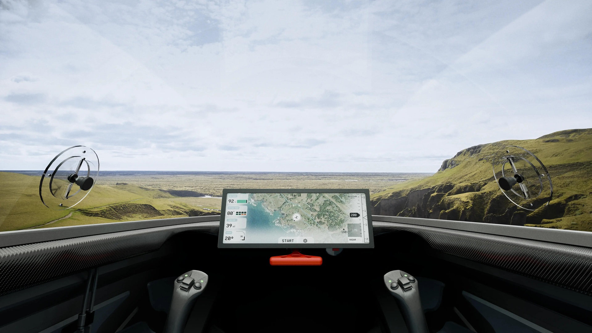 Pilot view from inside the Pivotal Helix cockpit with panoramic canopy and touchscreen