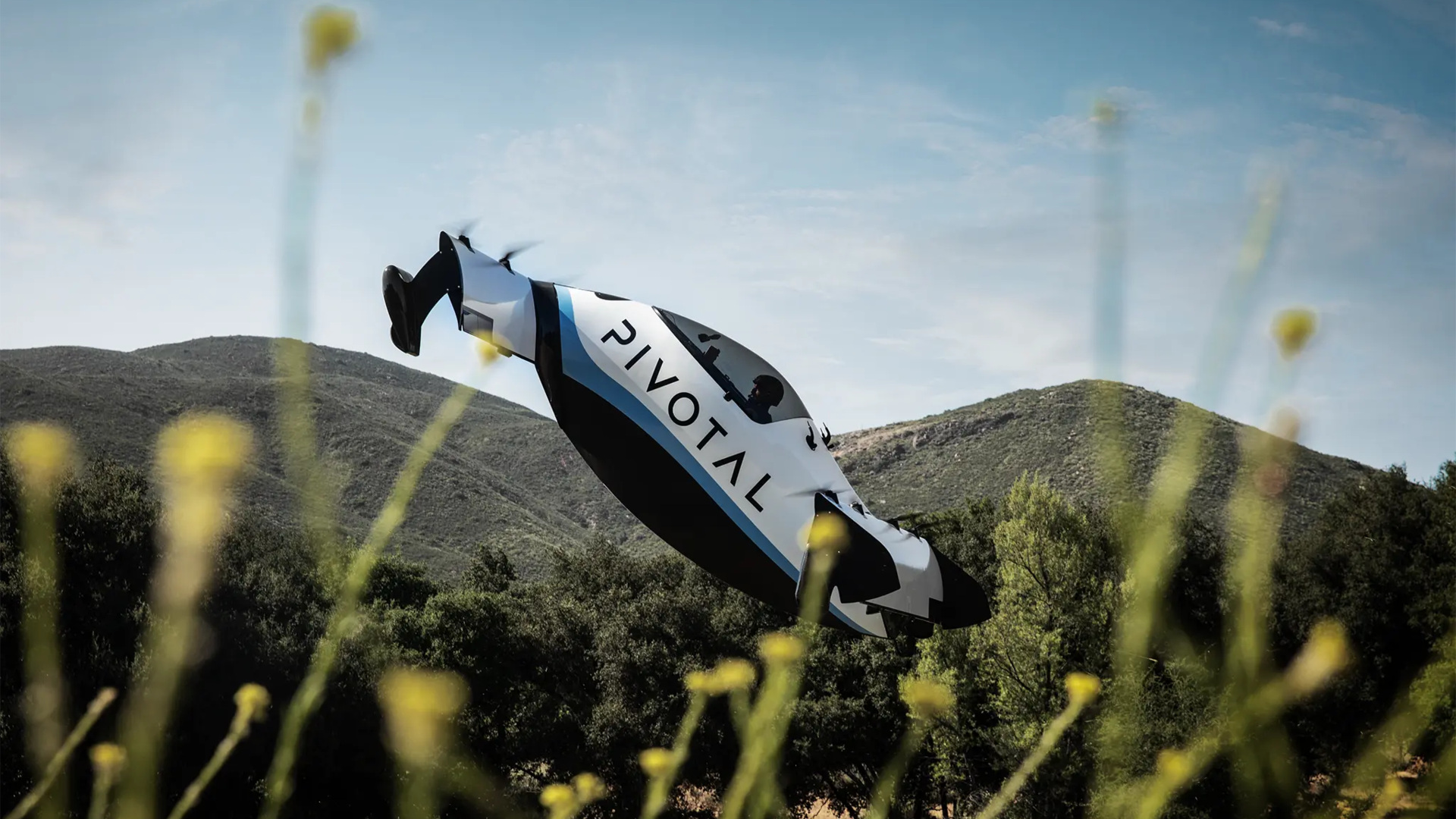 Pivotal Helix personal eVTOL transitioning from vertical takeoff into forward flight