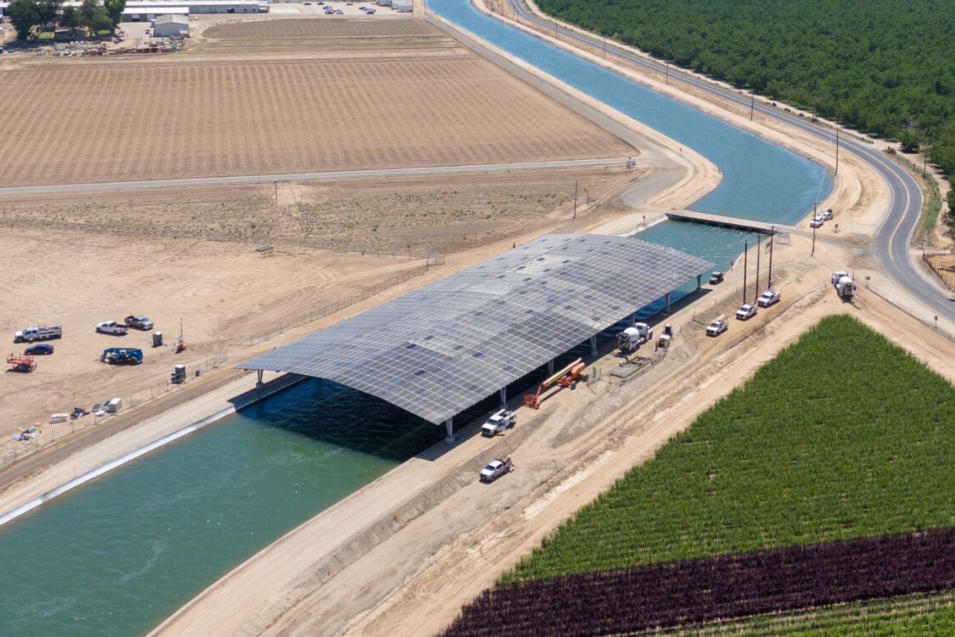 Aerial view of Project Nexus solar panels installed above an irrigation canal in California’s Central Valley