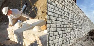 Redi-Rock concrete block installation beside a completed retaining wall