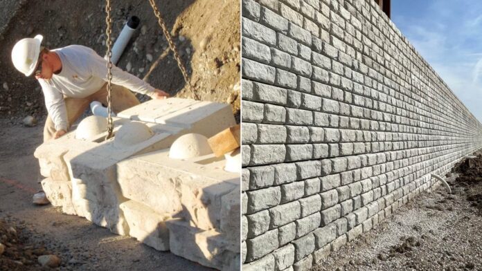 Redi-Rock concrete block installation beside a completed retaining wall