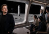 Conceptual view of Elon Musk and civilian passengers observing a Starship-like vehicle on the Moon