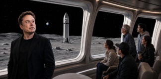 Conceptual view of Elon Musk and civilian passengers observing a Starship-like vehicle on the Moon