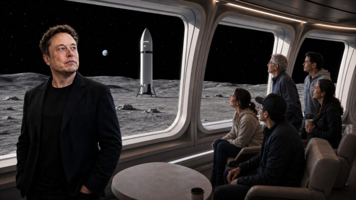 Conceptual view of Elon Musk and civilian passengers observing a Starship-like vehicle on the Moon