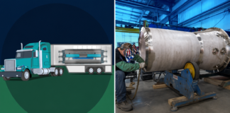 Concept of a truck-transportable nuclear microreactor above a factory worker assembling a cylindrical reactor component