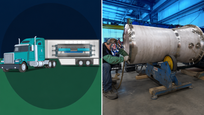 Concept of a truck-transportable nuclear microreactor above a factory worker assembling a cylindrical reactor component