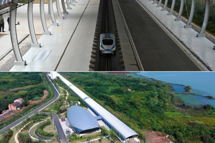 East Lake Laboratory's streamlined experimental maglev vehicle on its one-kilometer test track in Hubei, China