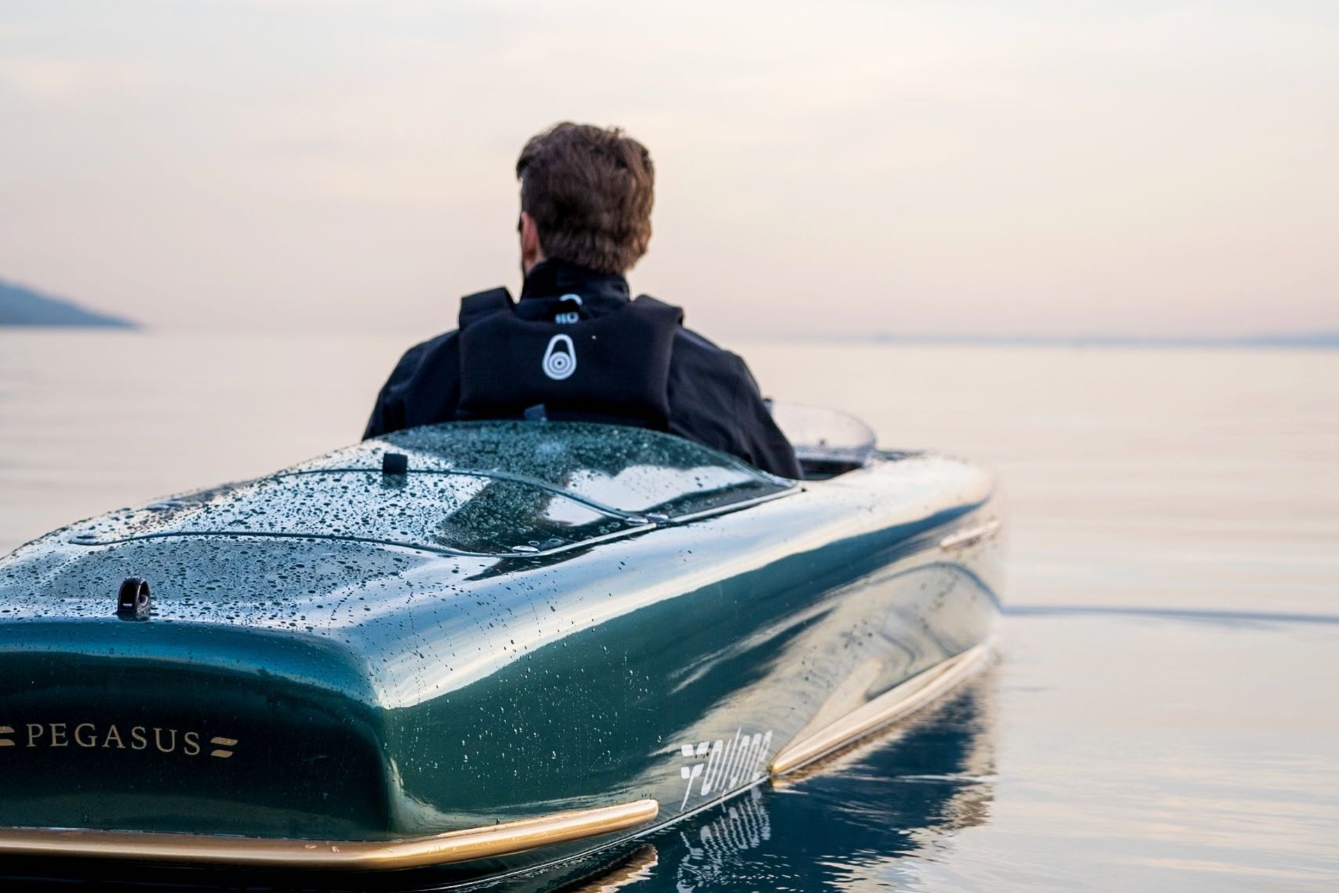 Rear view of the single-seat Foilone Pegasus cockpit on calm water