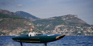 Green Foilone Pegasus electric hydrofoil flying above Lake Como