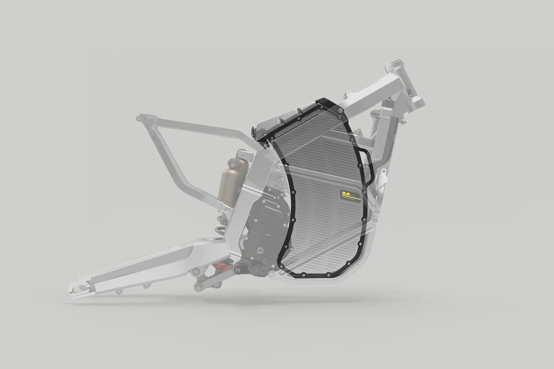 Transparent technical view showing the Radian EXR battery and drivetrain inside its aluminum frame