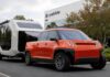 Telo MT1 compact electric pickup towing a Pebble Flow travel trailer