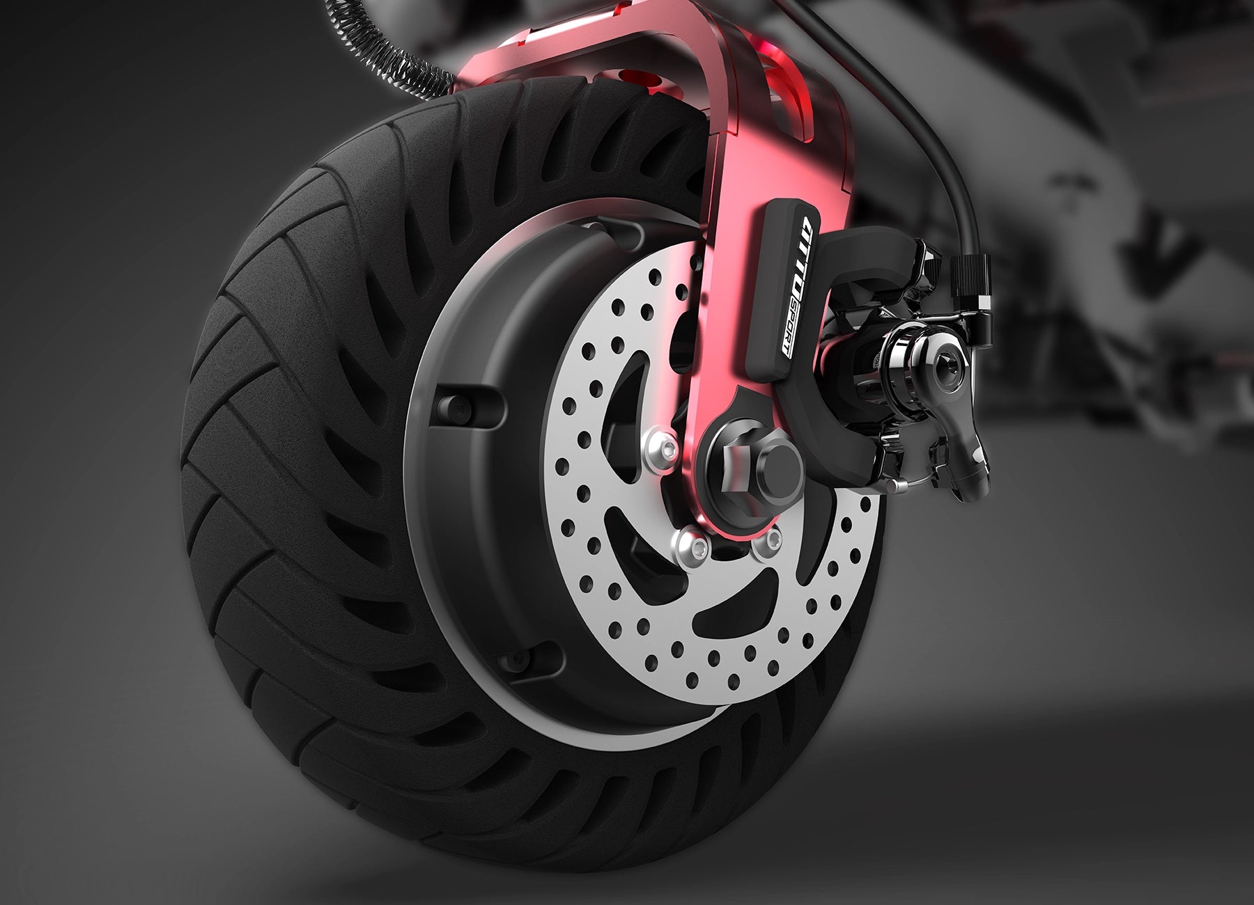 Close-up of the ATTO Sport front wheel and disc brake