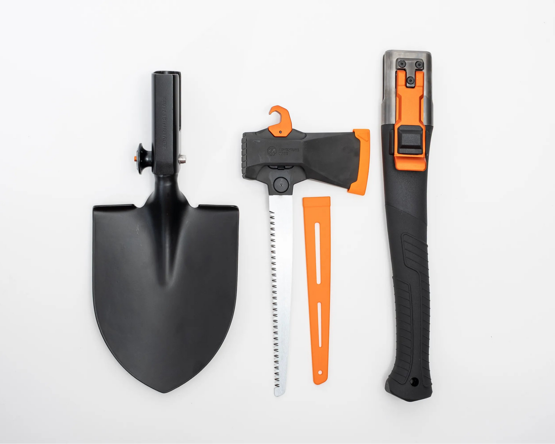 Adventure Mate AM-V3 handle, shovel module, axe module and saw blade arranged on a white background