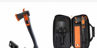 Adventure Mate AM-V3 axe module beside the complete multitool stored in its open fitted case