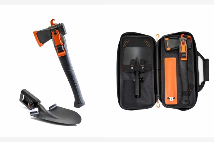 Adventure Mate AM-V3 axe module beside the complete multitool stored in its open fitted case