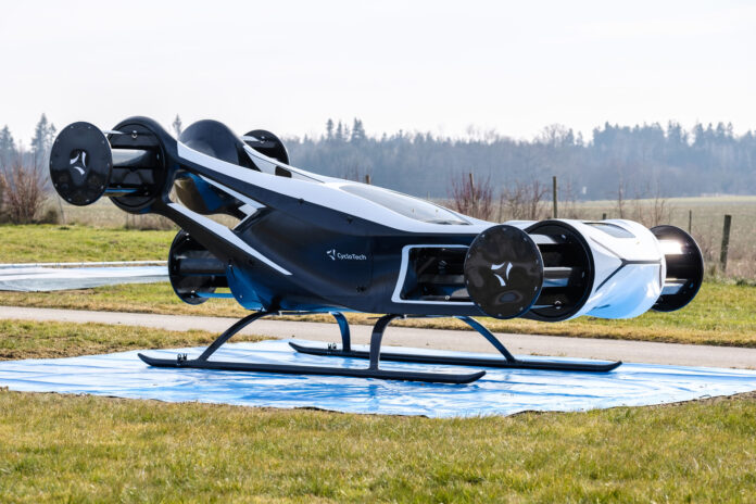 CycloTech BlackBird electric VTOL demonstrator with six barrel-shaped CycloRotors on a test field