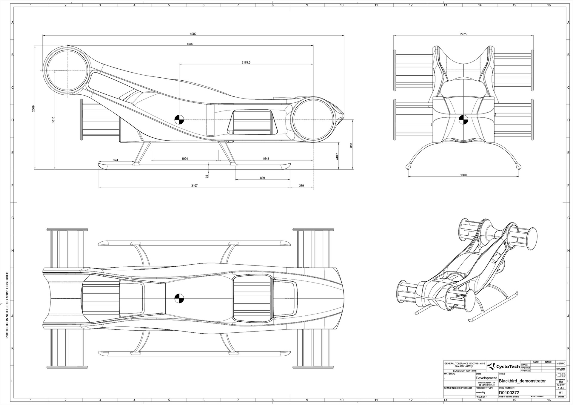 Side, front and top technical drawings showing the dimensions and CycloRotor layout of BlackBird