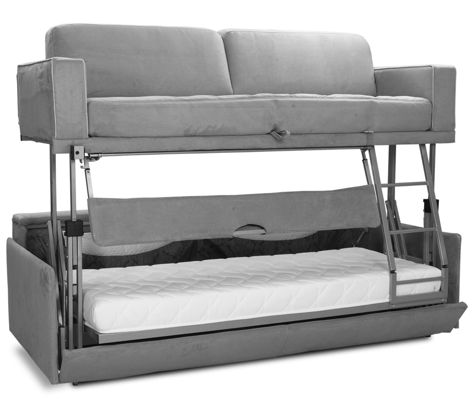 Grey Dormire V2 fully opened as bunk beds with ladder and lower mattress visible