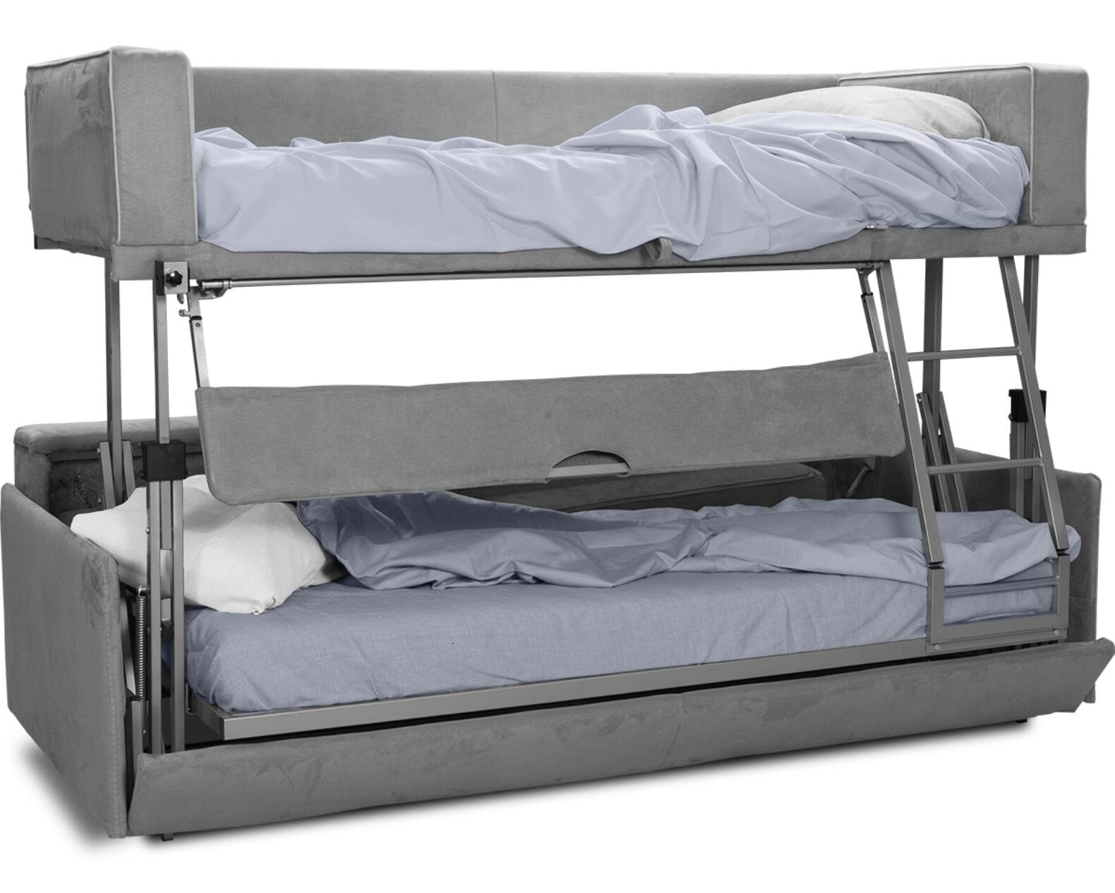 Dormire V2 bunk beds prepared with bedding on the upper and lower levels
