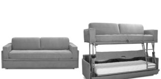 Dormire V2 shown as a grey sofa beside its converted bunk-bed configuration
