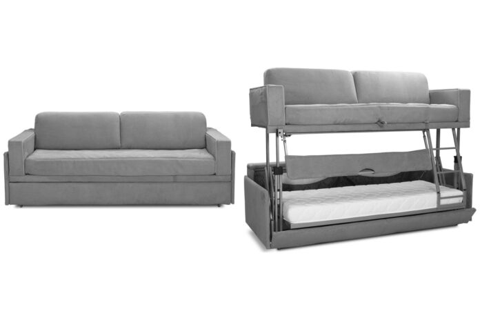 Dormire V2 shown as a grey sofa beside its converted bunk-bed configuration